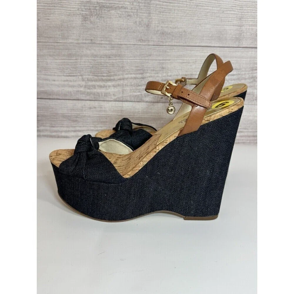 Michael Kors Denim Cork Wedge Sandals Size 9  Ankle Strap Espadrille Heels